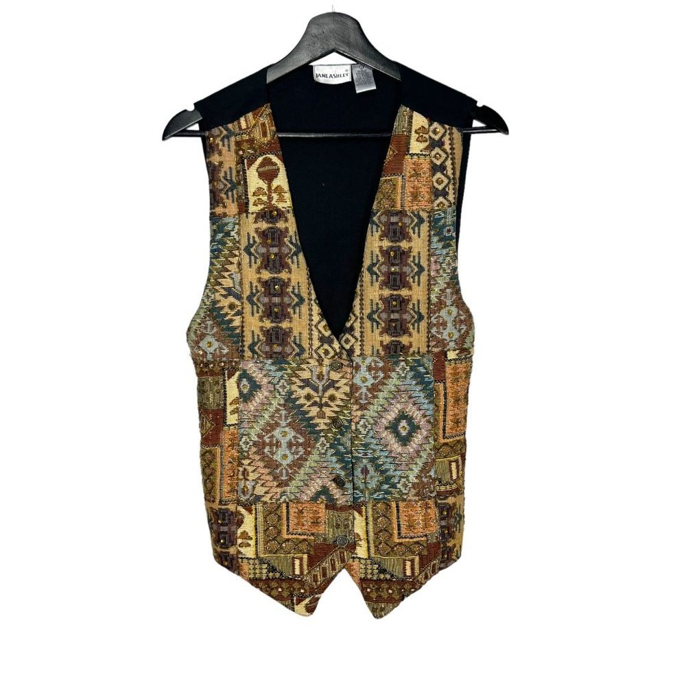 Vintage 90s Brown Tone Beaded Woven Geometric Button Up Vest Large